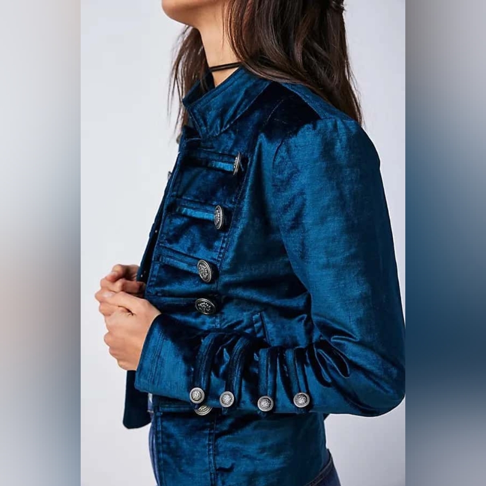 Free People Blue Velvet Military Jacket